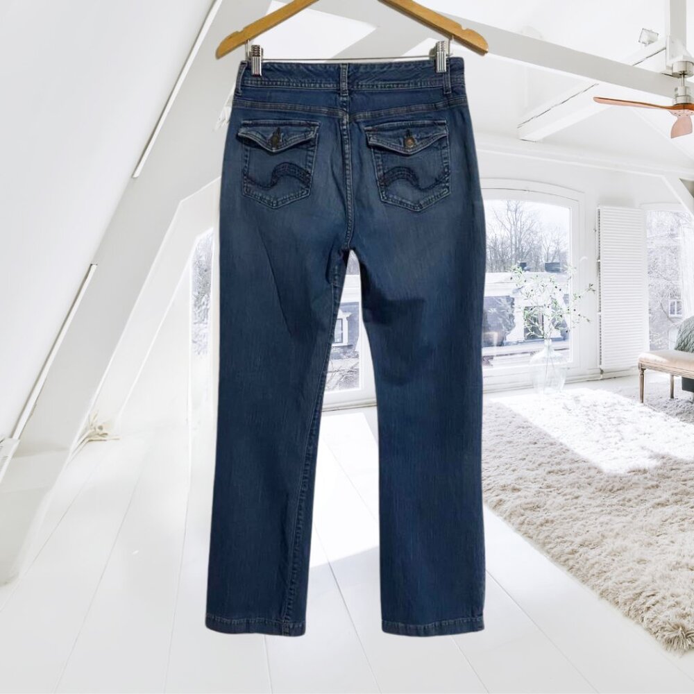 Lee Slender Secret Y2K Flap Pocket Jeans Classic Blue Denim Distressed Hem 28W - Picture 2 of 7